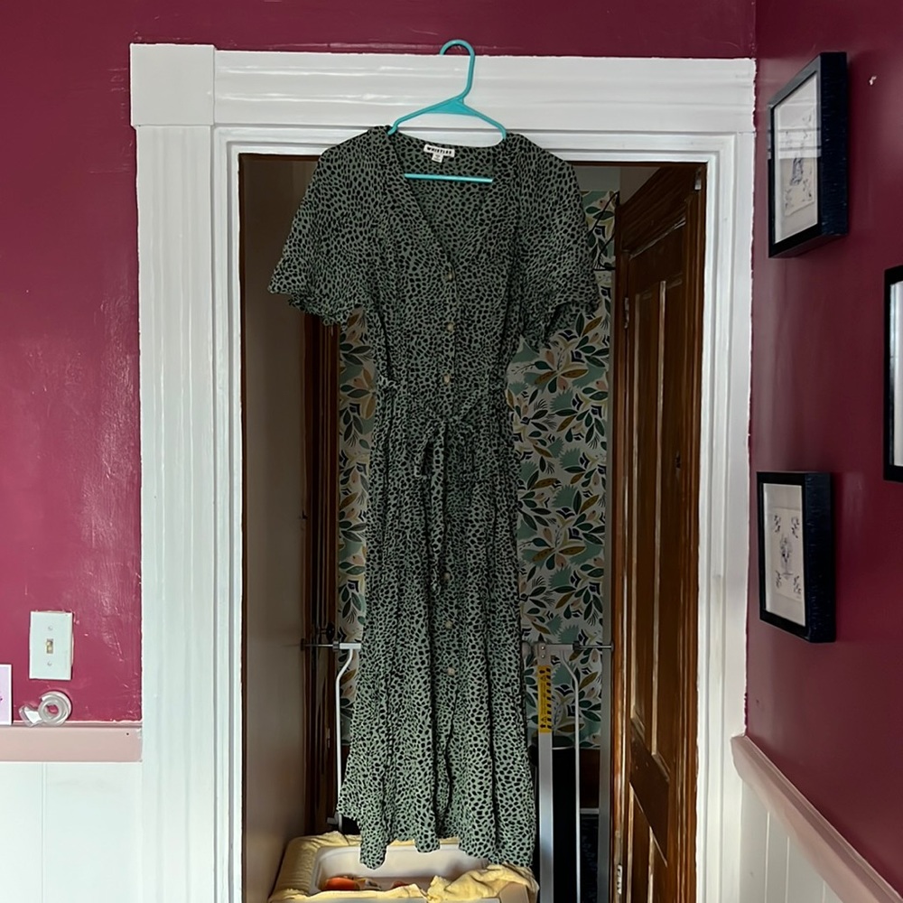 Whistled Green Button Down Dress with Black Spots